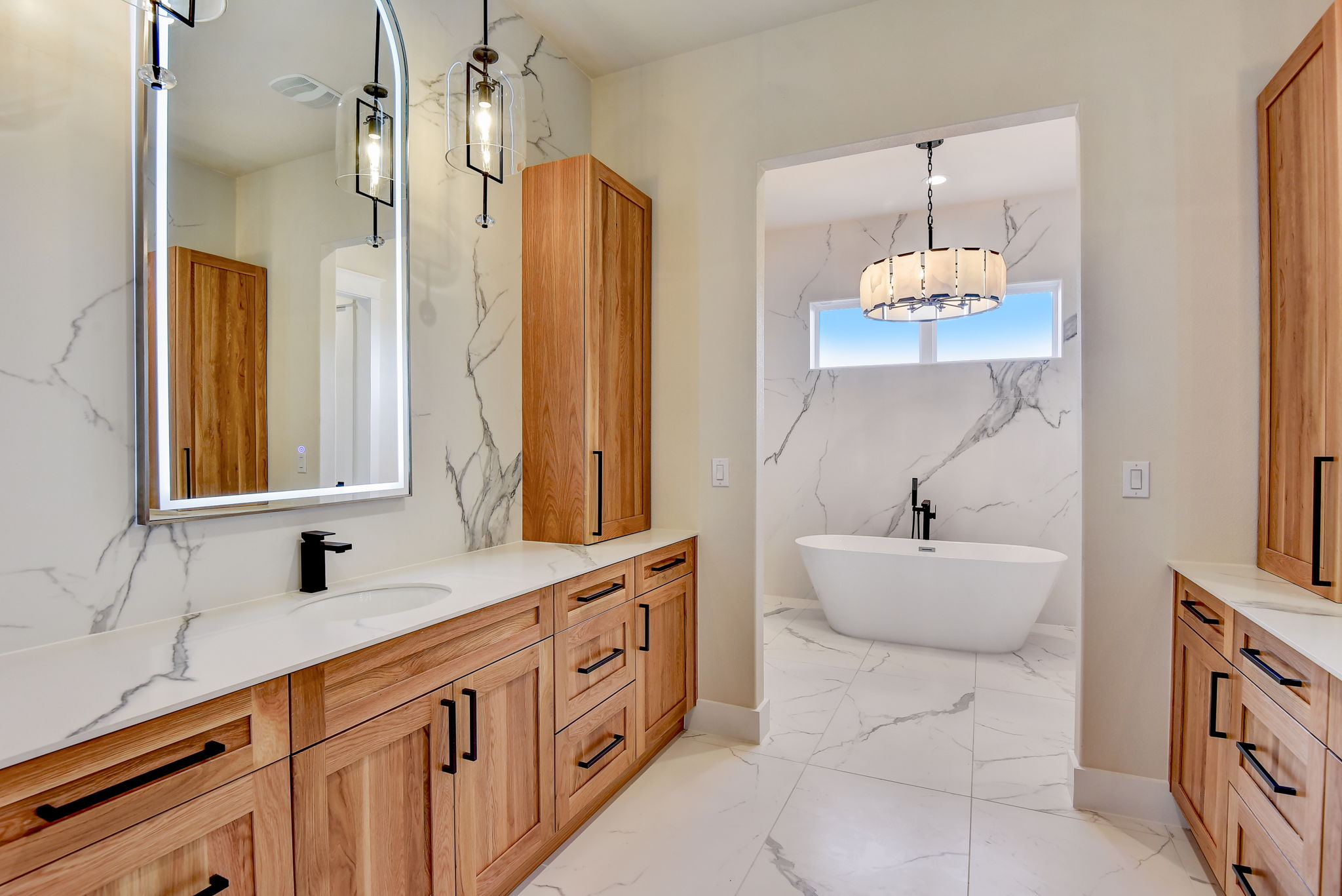 Master bath dual oak vanities