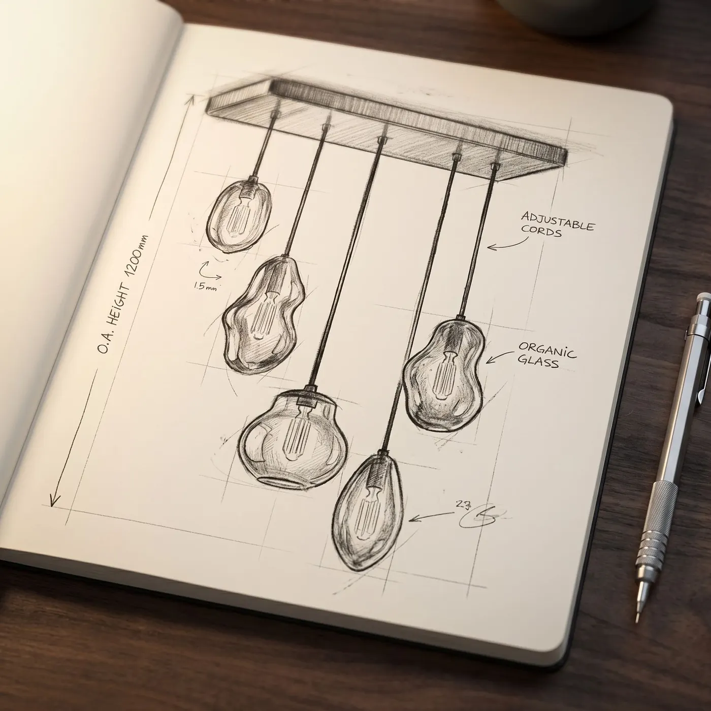 Sketch of the organic glass pendant cluster