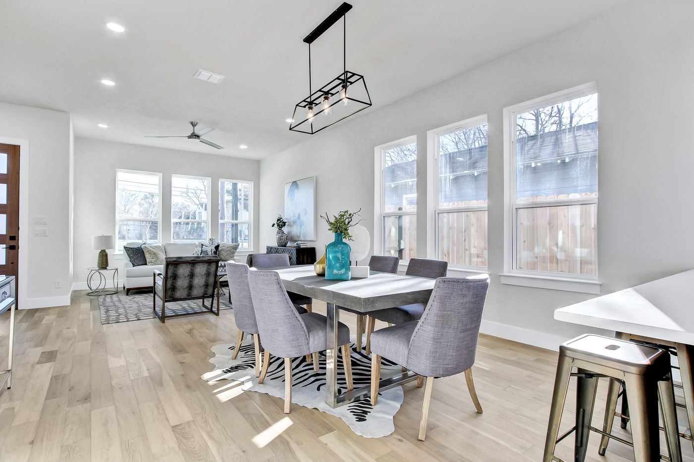 Custom lighting and engineered hardwood flooring