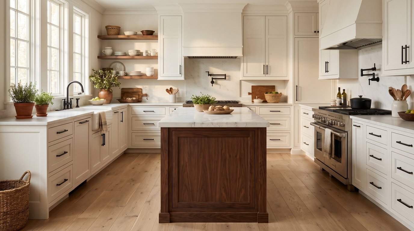 Custom Shaker cabinetry with walnut island in a modern Texas kitchen