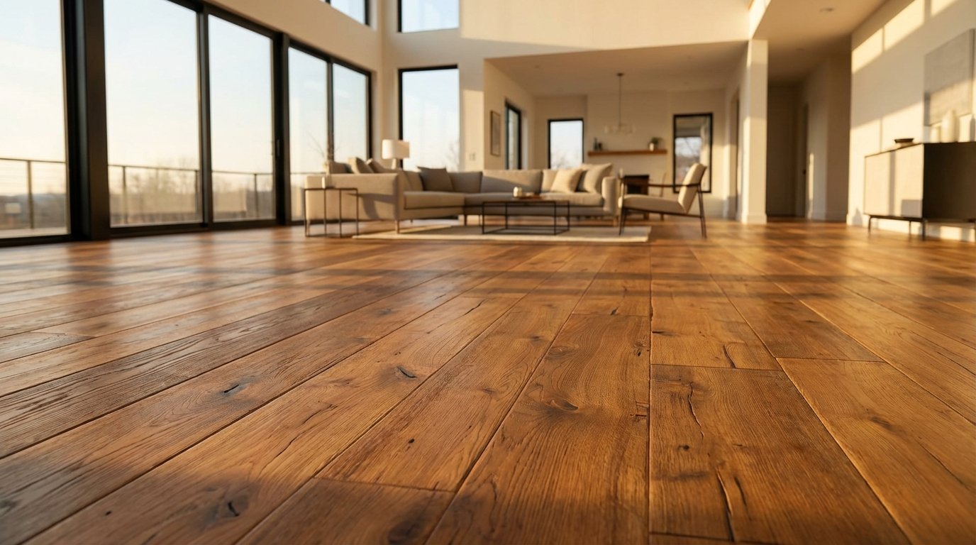 Wide-plank engineered hickory hardwood flooring in a floor-to-ceiling-window Texas living room