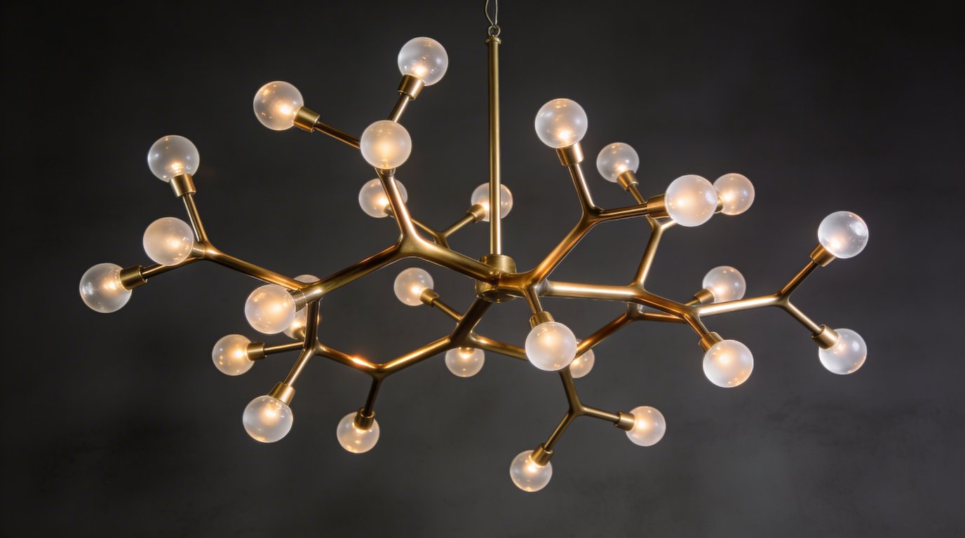 Sculptural designer brass chandelier with hand-blown glass globes