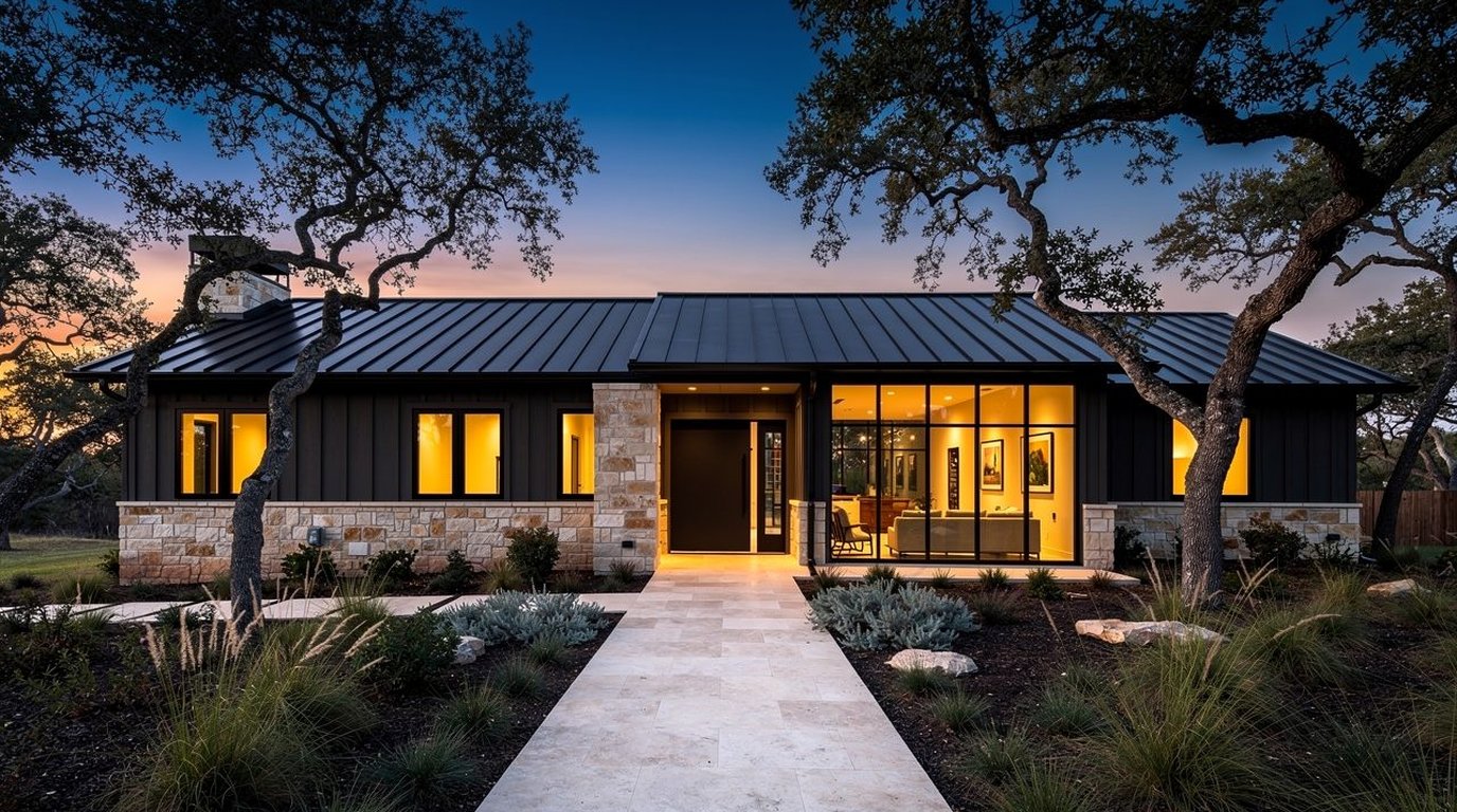 Modern Texas Hill Country home at dusk with aluminum-framed windows and entry doors